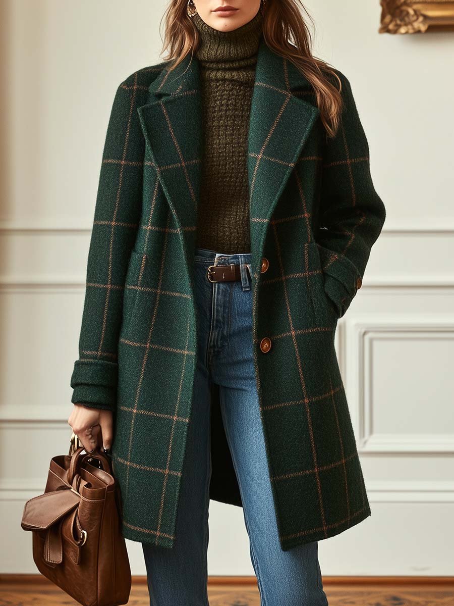 Damen Tweedmantel Mit Karomuster Und Reverskragen Im Retro-Stil