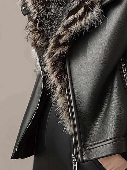Damen Lederjacke Mit Pelzkragen Und Innenfutter