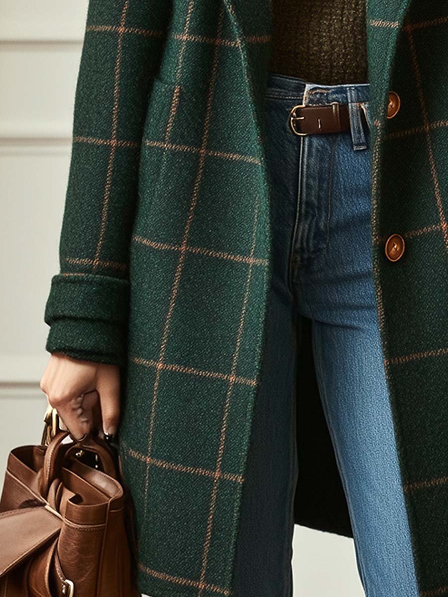 Damen Tweedmantel Mit Karomuster Und Reverskragen Im Retro-Stil
