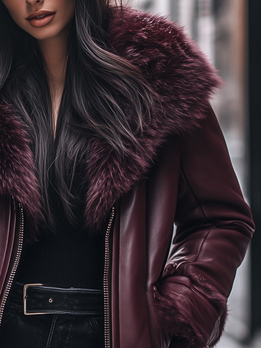 Damen Lederjacke Mit Kunstpelzkragen Und Reißverschluss Im Vintage-Stil