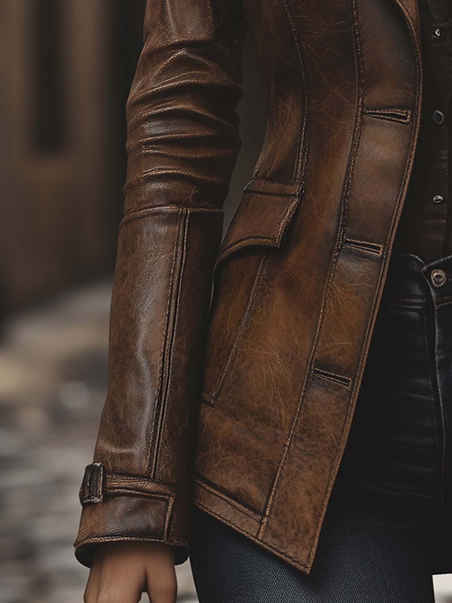 Damen Kunstlederjacke Mit Reverskragen Und Taschen Im Vintage-Stil