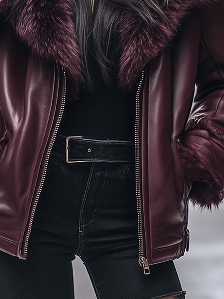 Damen Lederjacke Mit Kunstpelzkragen Und Reißverschluss Im Vintage-Stil