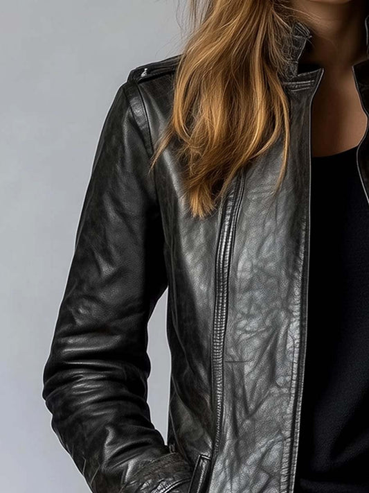 Damen Kunstlederjacke Mit Stehkragen Und Vintage-Design