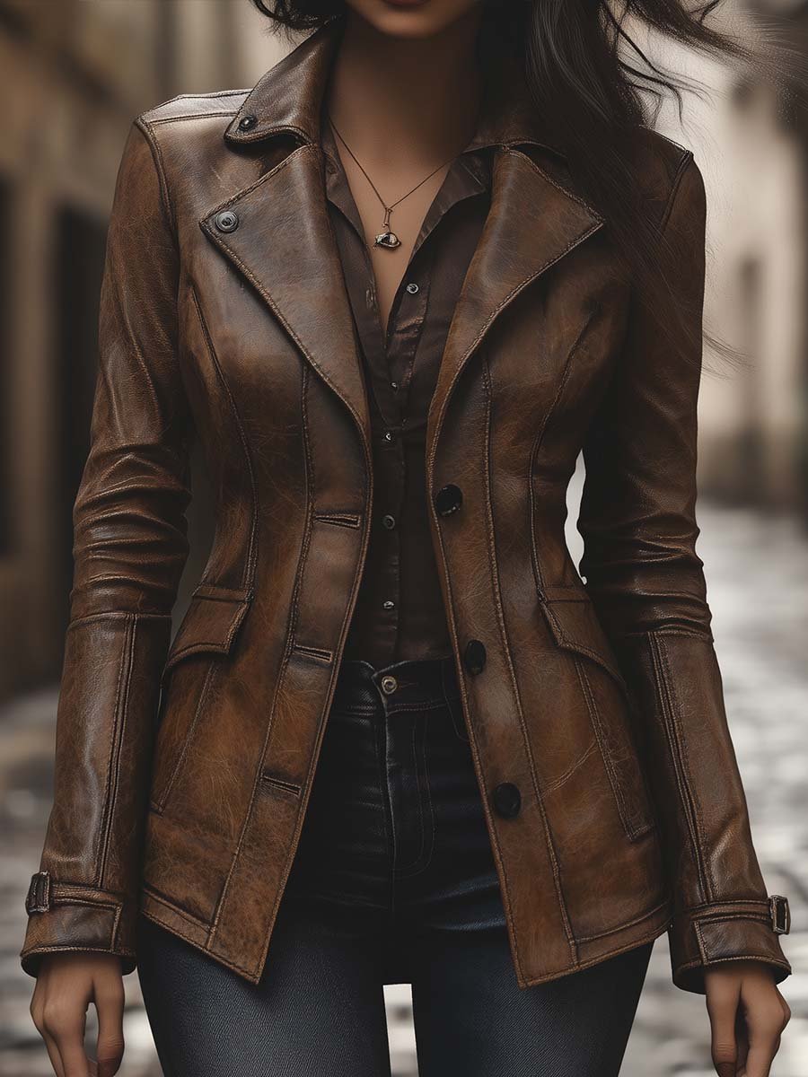 Damen Kunstlederjacke Mit Reverskragen Und Taschen Im Vintage-Stil