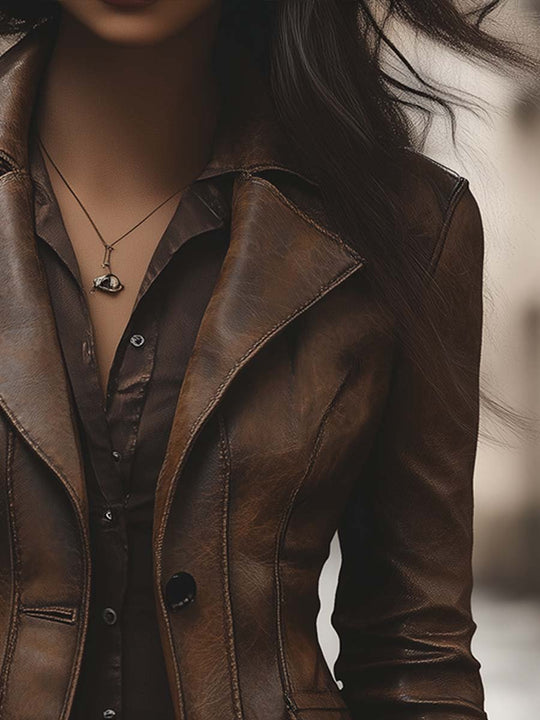 Damen Kunstlederjacke Mit Reverskragen Und Taschen Im Vintage-Stil