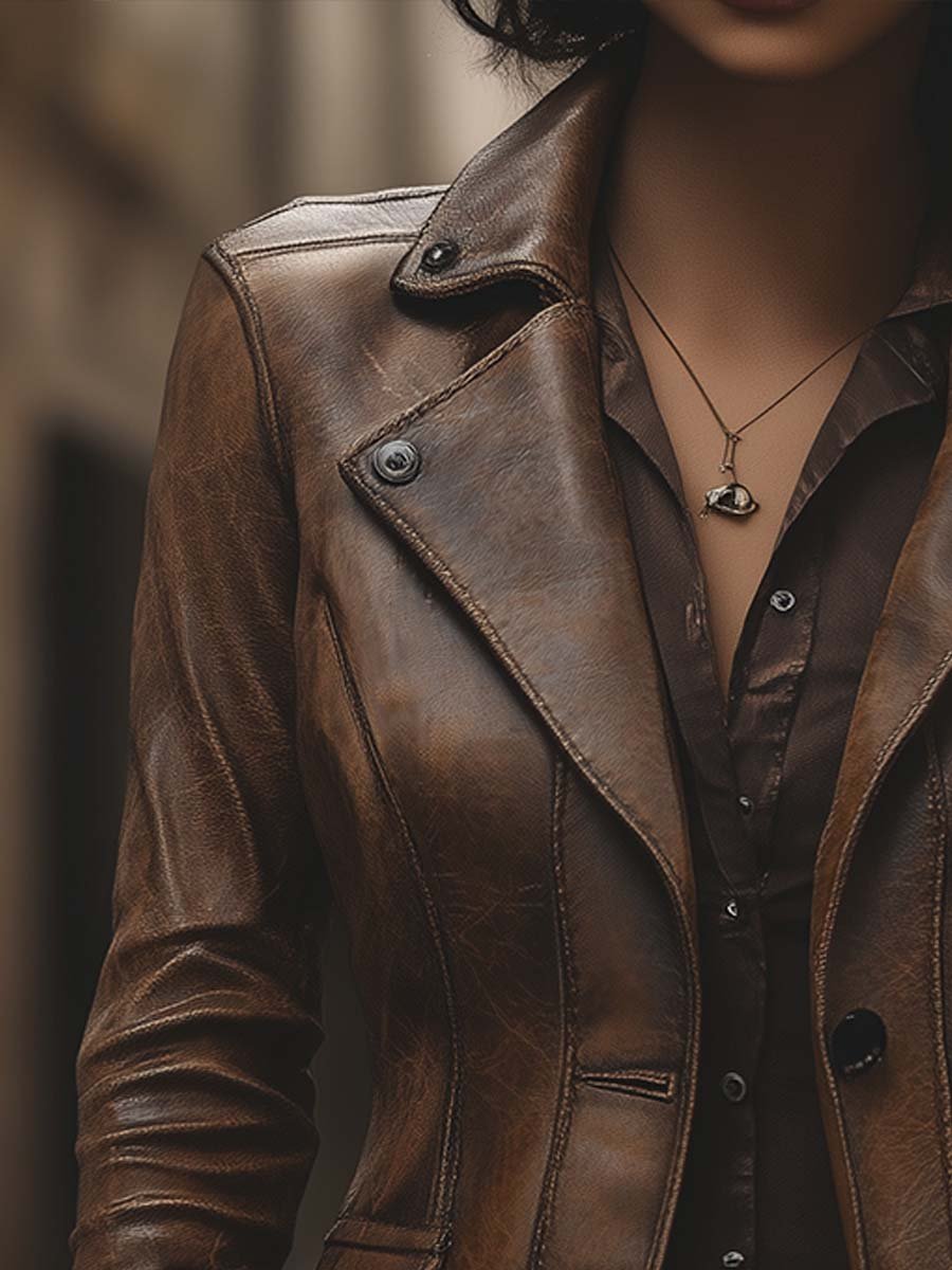 Damen Kunstlederjacke Mit Reverskragen Und Taschen Im Vintage-Stil