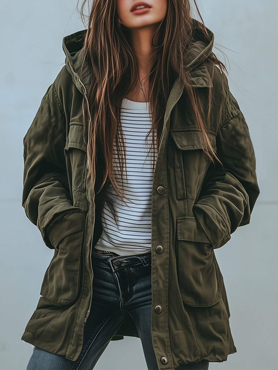 Damen Winddichte Arbeitsjacke Mit Kapuze Und Mehreren Taschen