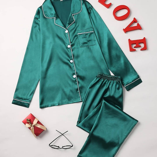 Damen Pyjama Set Mit Langarm Und Knopfleiste