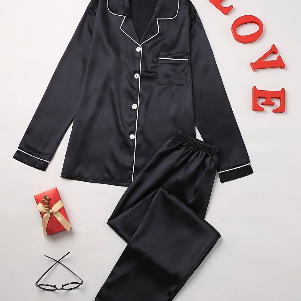 Damen Pyjama Set Mit Langarm Und Knopfleiste