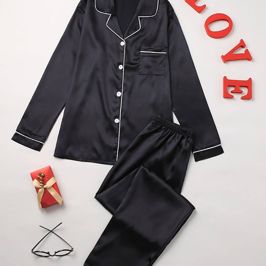 Damen Pyjama Set Mit Langarm Und Knopfleiste