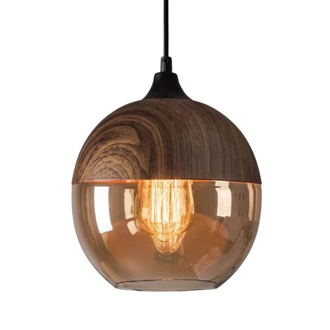 Skandinavische Holz-Deckenlampe mit getöntem Glas