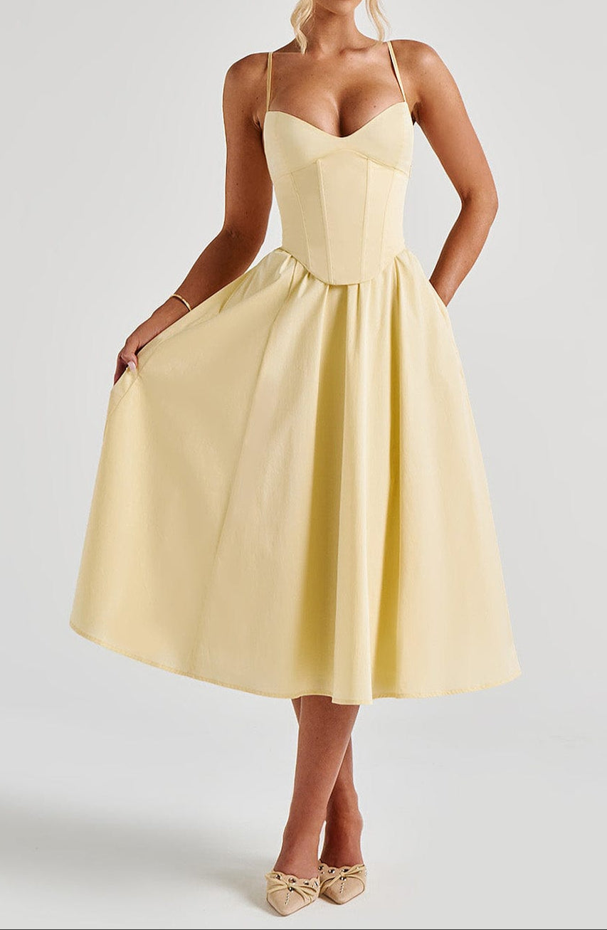 Damen Midi Kleid Mit Korsage Im Zitronengelb