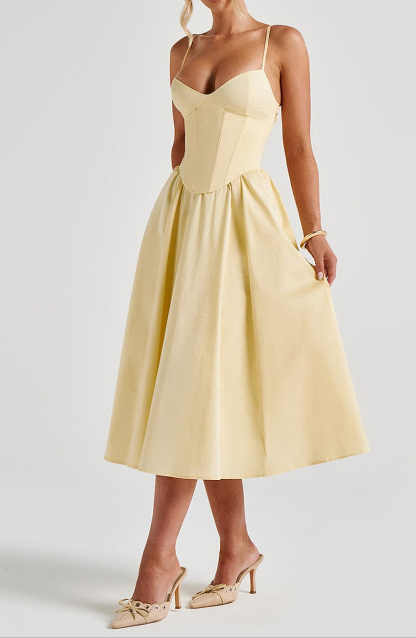 Damen Midi Kleid Mit Korsage Im Zitronengelb