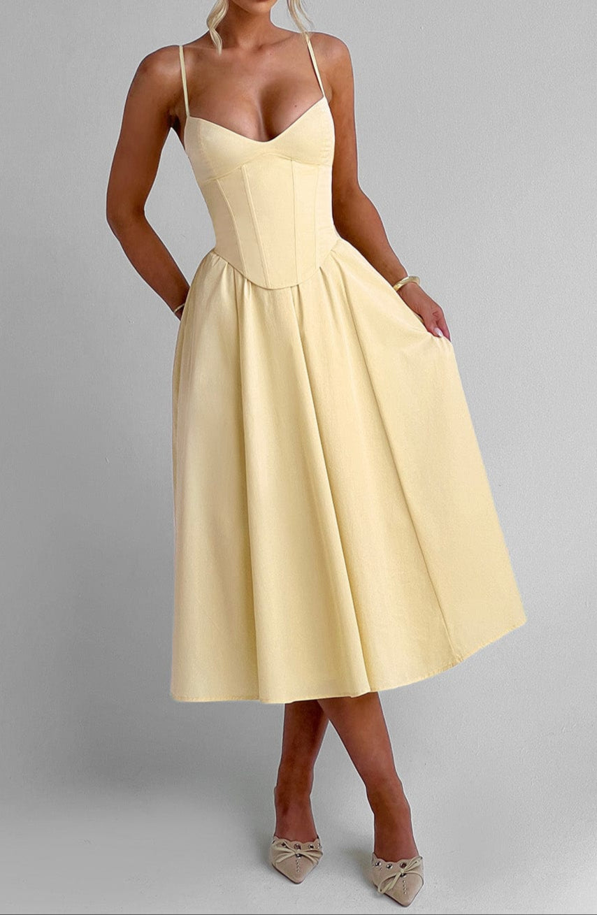 Damen Midi Kleid Mit Korsage Im Zitronengelb