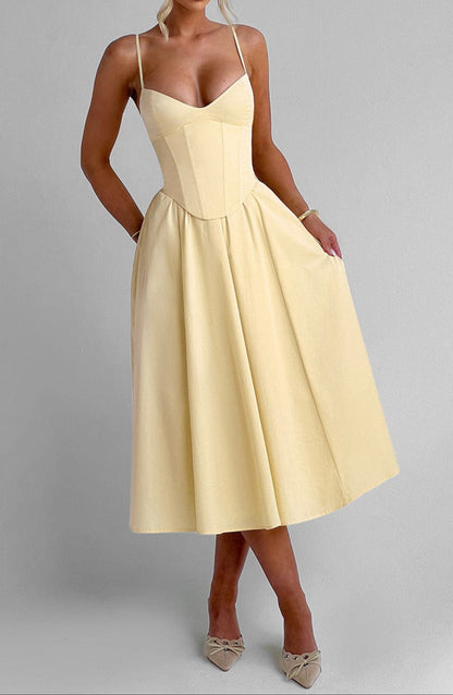 Damen Midi Kleid Mit Korsage Im Zitronengelb