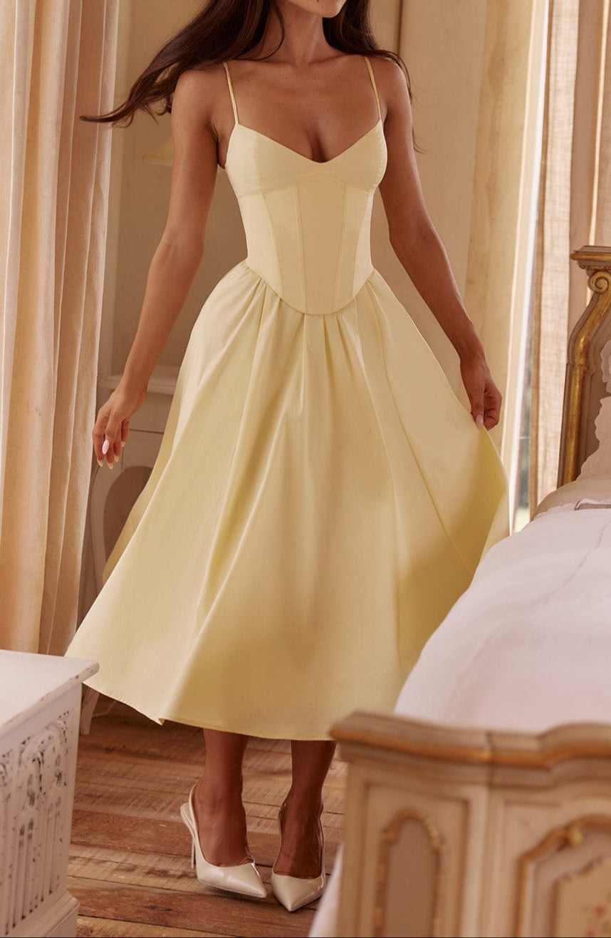 Damen Midi Kleid Mit Korsage Im Zitronengelb