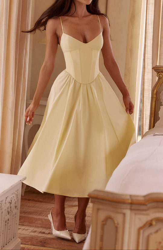 Damen Midi Kleid Mit Korsage Im Zitronengelb