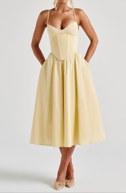 Damen Midi Kleid Mit Korsage Im Zitronengelb