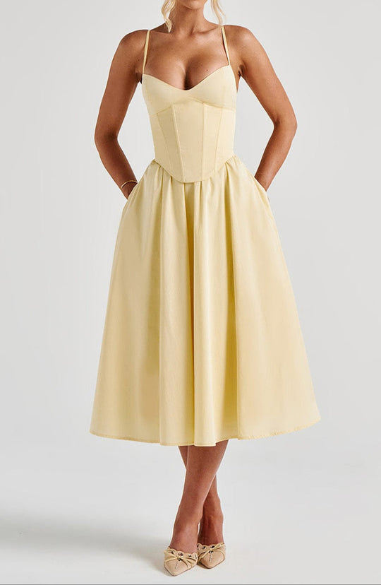 Damen Midi Kleid Mit Korsage Im Zitronengelb