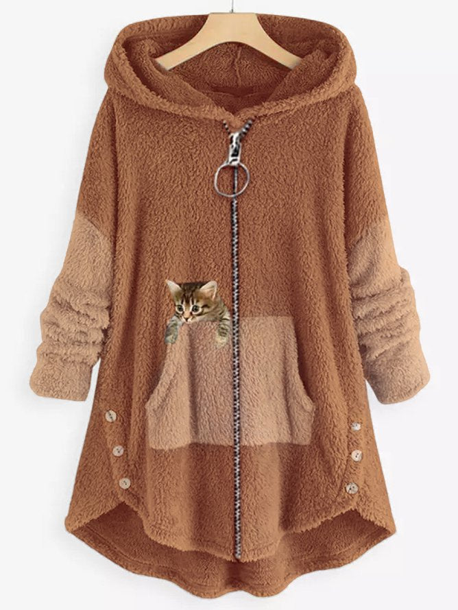 Damen Kapuzenmantel Mit Katzenprint Und Knopftaschen