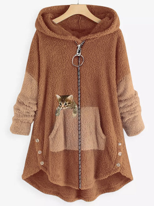 Damen Kapuzenmantel Mit Katzenprint Und Knopftaschen