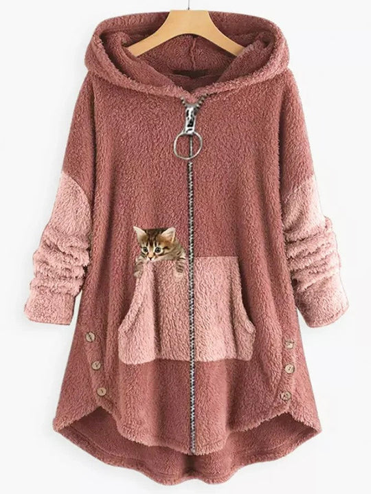Damen Kapuzenmantel Mit Katzenprint Und Knopftaschen