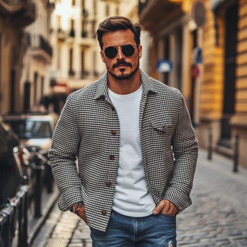 Herren Hemdjacke Mit Hahnentrittmuster Und Knopfleiste