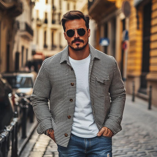 Herren Hemdjacke Mit Hahnentrittmuster Und Knopfleiste