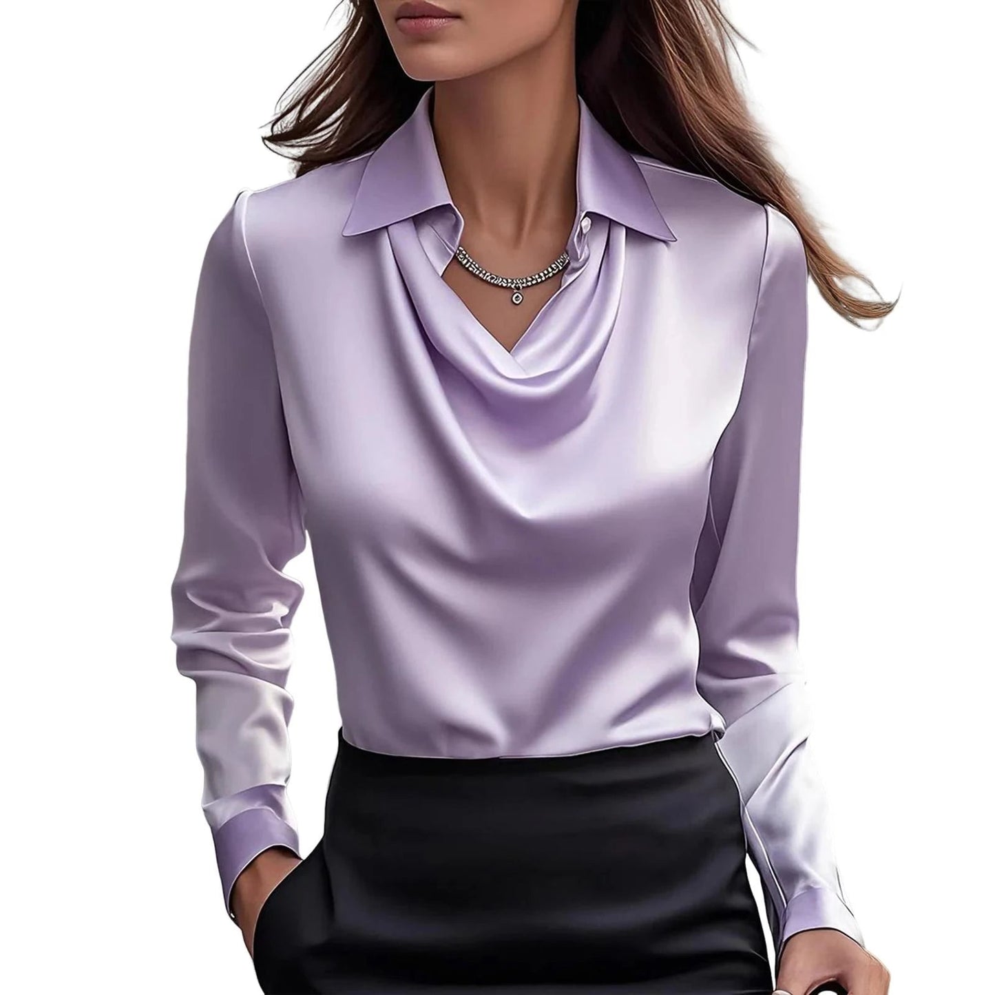 Damen Satinbluse Mit Wasserfallausschnitt Und Klassischem Kragen