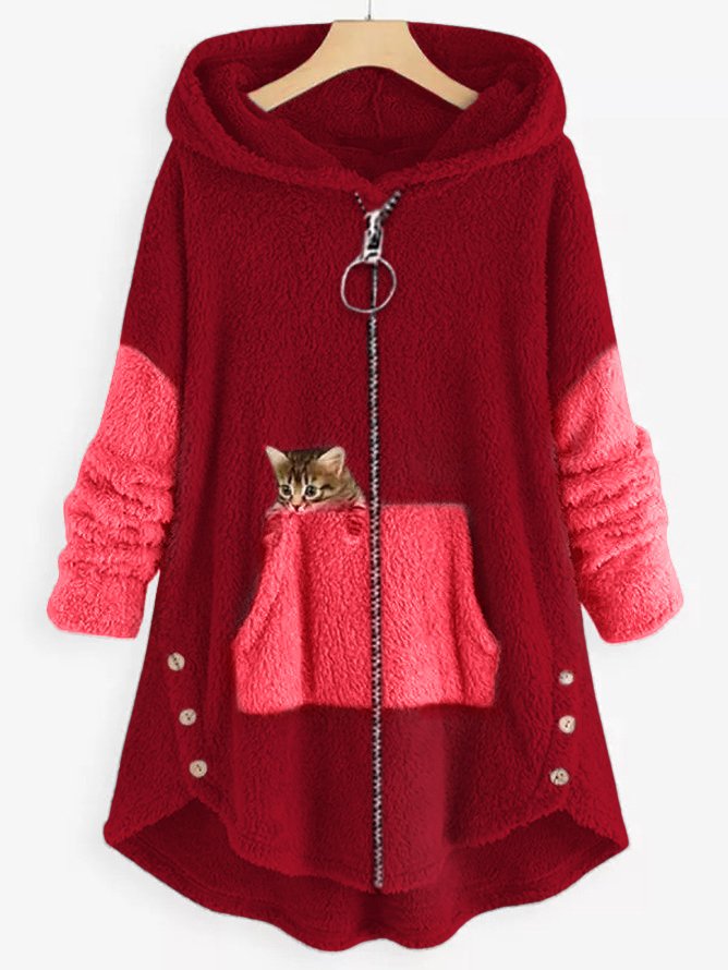 Damen Kapuzenmantel Mit Katzenprint Und Knopftaschen
