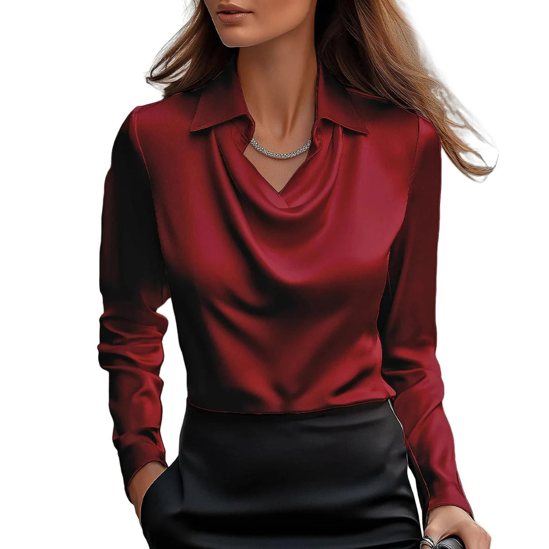 Damen Satinbluse Mit Wasserfallausschnitt Und Klassischem Kragen