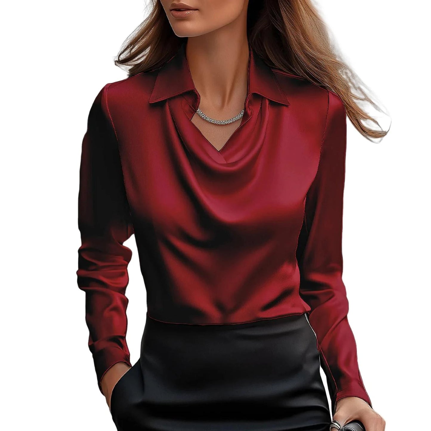 Damen Satinbluse Mit Wasserfallausschnitt Und Klassischem Kragen