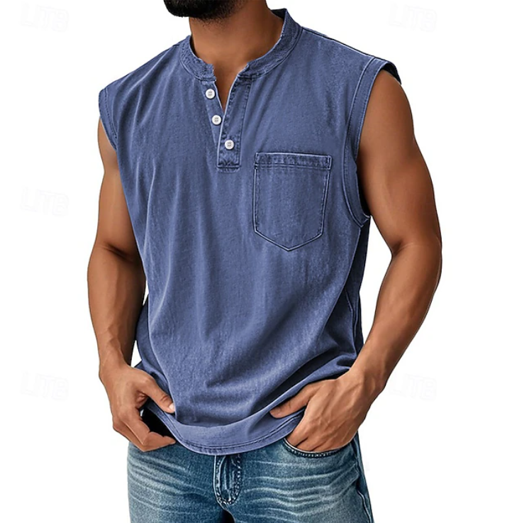 Herren Henley Tanktop ärmellos im Vintage Look vorne dargestellt