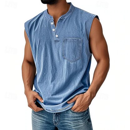 Herren Henley Tanktop ärmellos im Vintage Look aus leicht schräger Vorderansicht