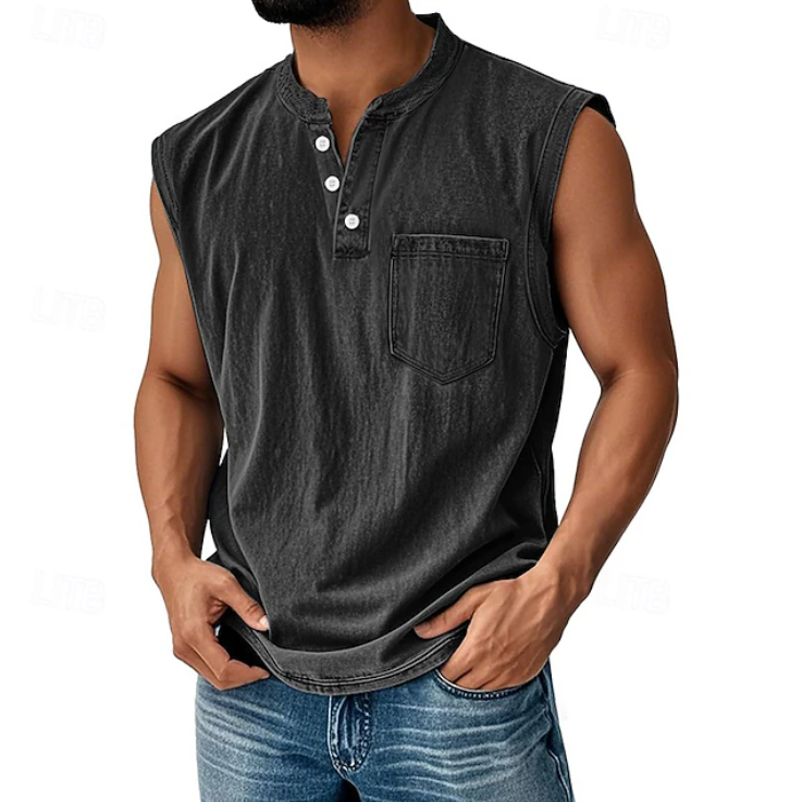 Herren Henley Tanktop mit Knopfleiste und Vintage Look in Nahansicht