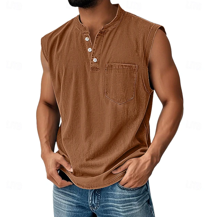 Herren Henley Tanktop ärmellos in kompletter Vorderansicht auf neutralem Hintergrund