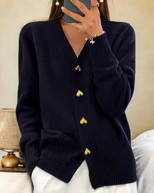 Damen Cardigan Mit Herzknöpfen Und V Ausschnitt