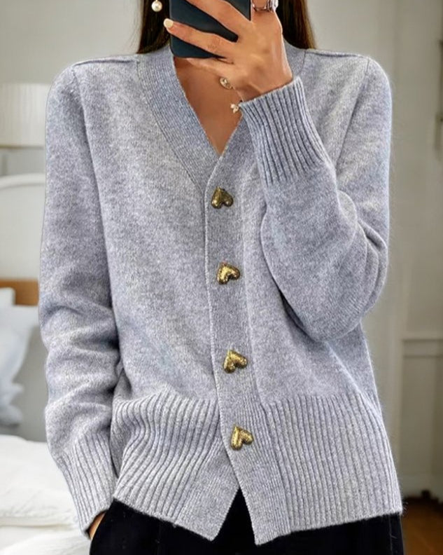 Damen Cardigan Mit Herzknöpfen Und V Ausschnitt
