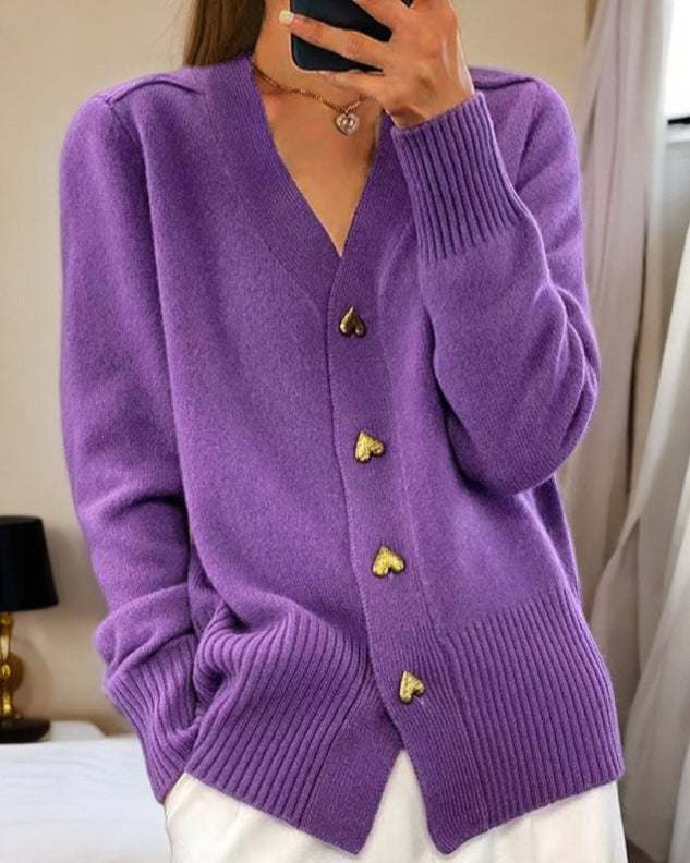 Damen Cardigan Mit Herzknöpfen Und V Ausschnitt