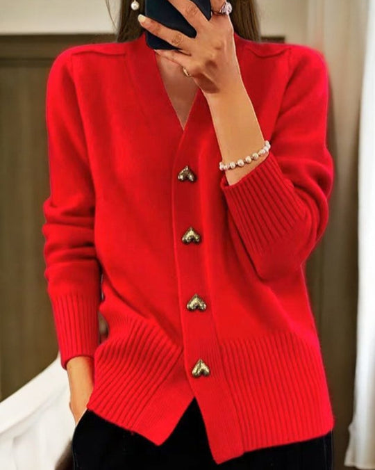 Damen Cardigan Mit Herzknöpfen Und V Ausschnitt