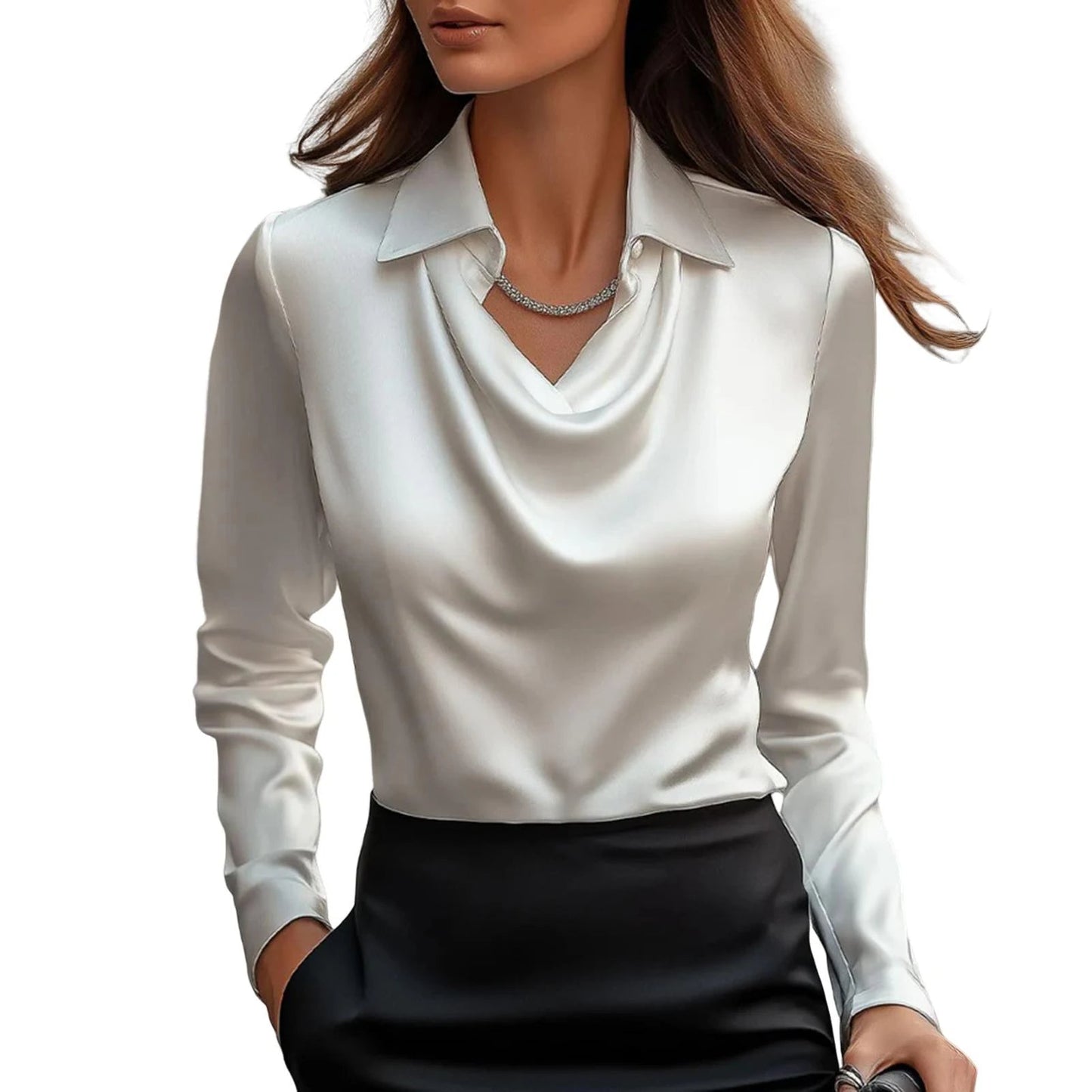 Damen Satinbluse Mit Wasserfallausschnitt Und Klassischem Kragen
