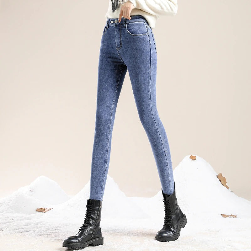 Damen Gefütterte Winterjeans Mit Hoher Taille