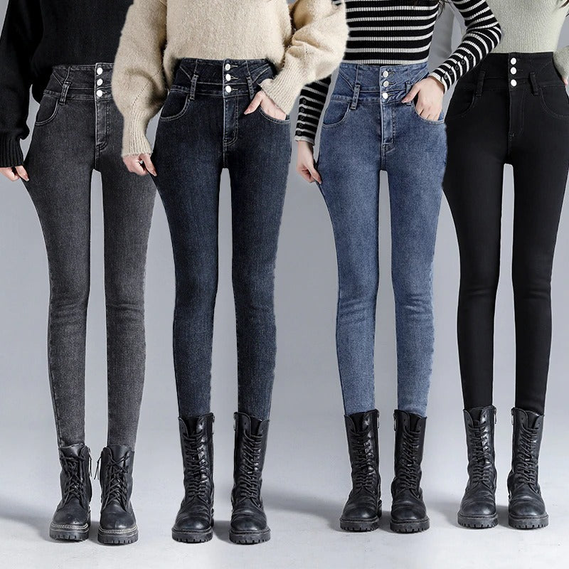 Damen Gefütterte Winterjeans Mit Hoher Taille